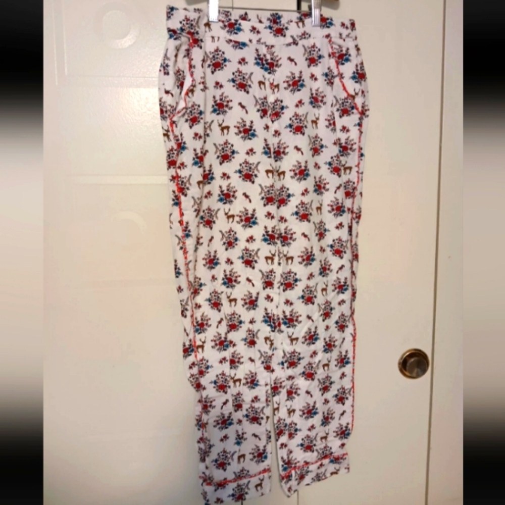 Sundance Catalog Gretel Pajama Pants Size Small Floral Red Deer Birds Flannel